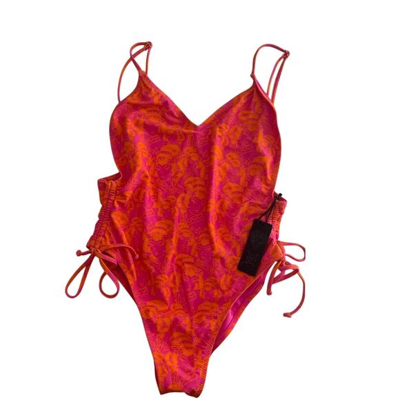 Ed Hardy‎ High Cut One Piece Swimsuit "Lady" Print Orange Pink Tie Size Large - Picture 9 of 10